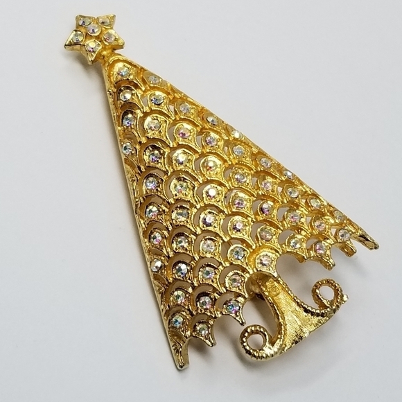 Vtg NYLU Christmas Tree Pin Brooch Rhinestones Aurora Borealis Large Goldtone - Picture 6 of 8